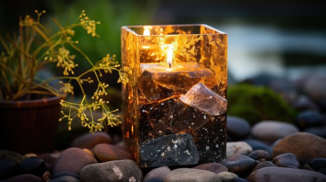 A flickering candle in a glass jar surrounded by pebbles, casting a warm glow on the surrounding nature.