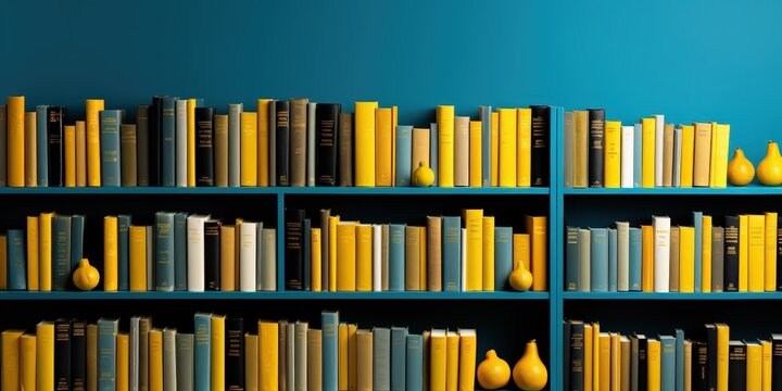 A bookshelf overflowing with colorful books, featuring a few yellow pears strategically placed on each shelf, creating a vibrant and eclectic display of knowledge.