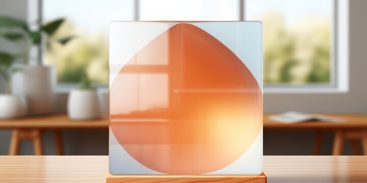 A glass object with an abstract orange design on a wooden base, sitting on a wooden surface with a blurred background