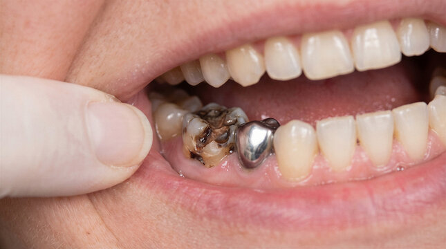 Close up of damaged molar with severe dental cavity and metal crown during oral examination.