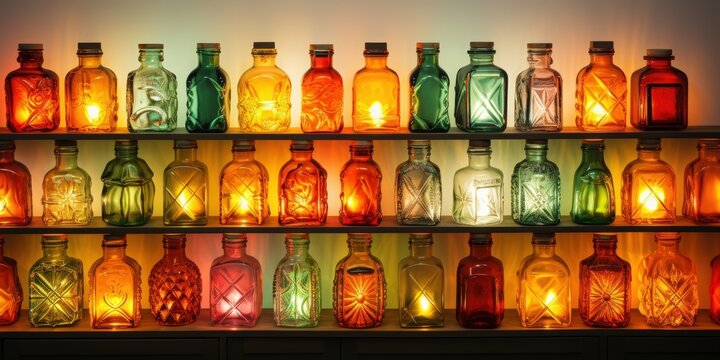 A Collection of Antique Glass Bottles with Warm, Glowing Lights Inside, Arranged in a Symmetrical Pattern on Wooden Shelves