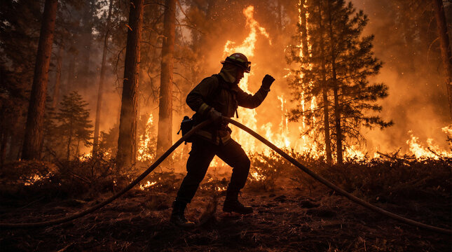 Firefighter battling intense wildfire in burning forest with fire hose during emergency response.