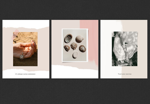 Minimalist Mood Board Layout Templates, Aesthetic Social Media Design with Torn Paper Texture, Earthy Tones and Summer Vibe, Photo Collage Grid for Brand Identity Mockup