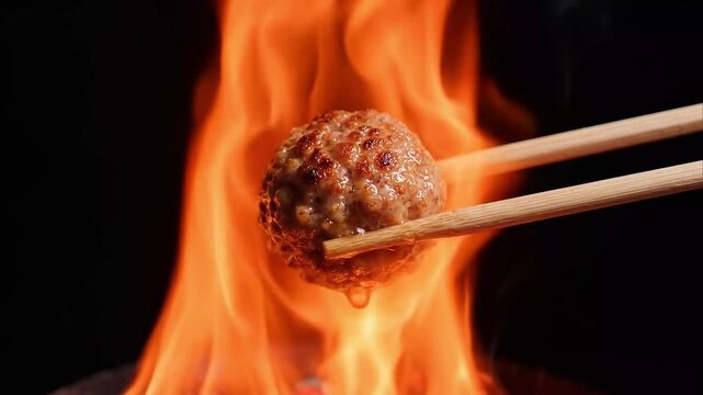 Juicy Meatball Held with Chopsticks Over Open Flame Flamb&eacute;