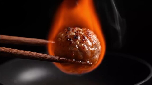 Juicy Meatball Held with Chopsticks Over Open Flame Flamb&eacute;