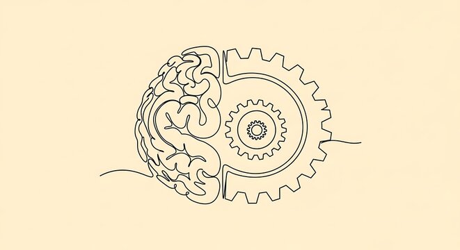 Human brain interacting with mechanical gear