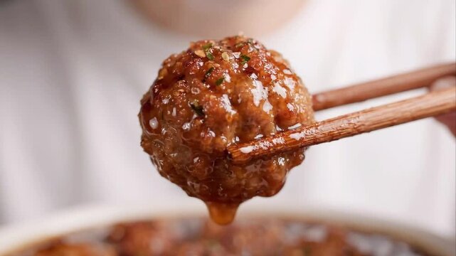 Glazed Meatball Dripping Teriyaki Sauce Held with Chopsticks