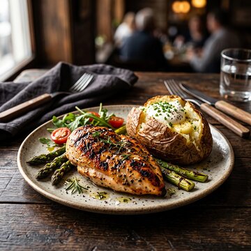 Delicious Grilled Chicken Breast Served with Crispy Asparagus Spears and Loaded Baked Potato with Sour Cream and Chives on Rustic Plate