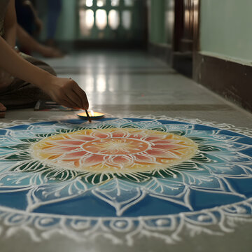 Colorful Diwali rangoli pattern on floor being created