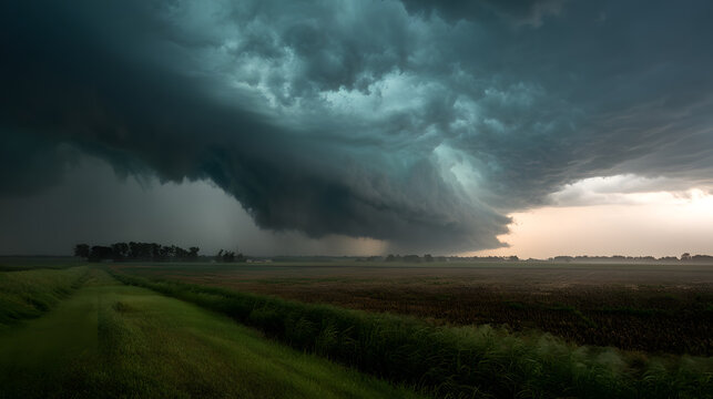 Thunderstorm over flat farmland with towering supercell cloud