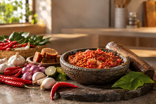 Fresh Indonesian Sambal Chili Paste in Traditional Stone Mortar with Red Chilies Garlic Shallots and Lime