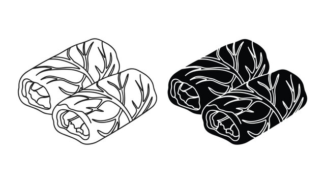 Cabbage rolls icon set, traditional stuffed cabbage leaves, isometric vector illustration of dolma or golabki food items, outline and silhouette style