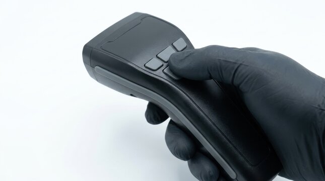 A person wearing a black protective glove holding a modern electronic handheld barcode scanner device isolated against a clean white studio background