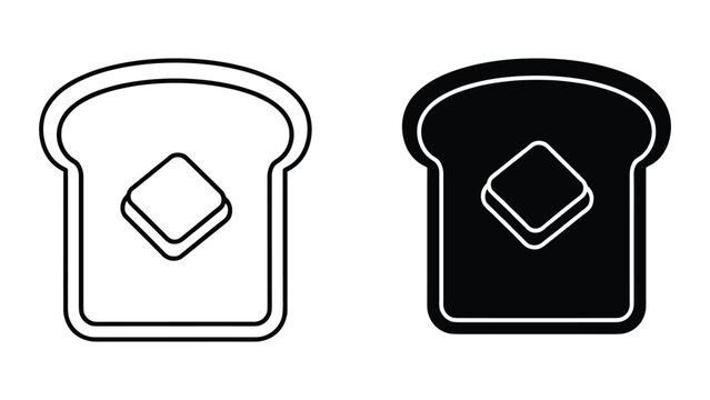 Set of two icons of a slice of bread with a square piece of butter on top, simple flat design style, vector illustration