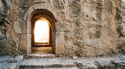 Fototapeta premium Ancient stone doorway with bright light emanating from within a rocky structure