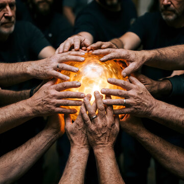 Group of men hands surrounding glowing orb symbolizing unity and connection.