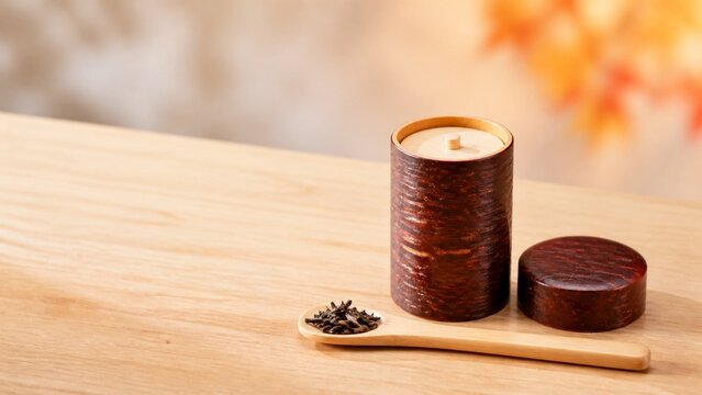 桜皮細工の茶筒と竹の茶さじ 秋の日本茶店を表す和の静物