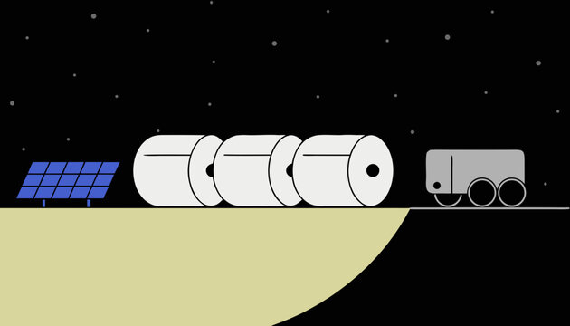 Lunar Base Solar Panels Rover Moon Surface Flat Vector Space Illustration