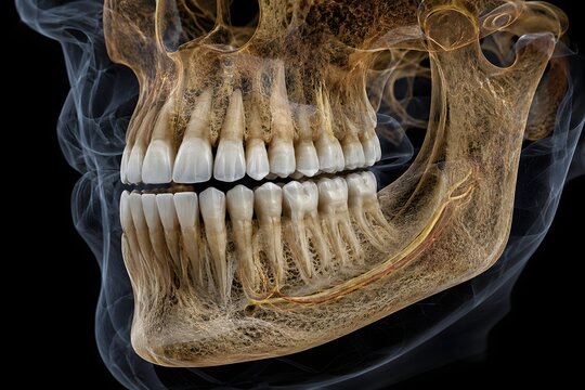 Three-Dimensional Anatomical Render of Tooth Roots, Mandibular Nerve and Blood Vessels Inside Translucent Jaw Bone