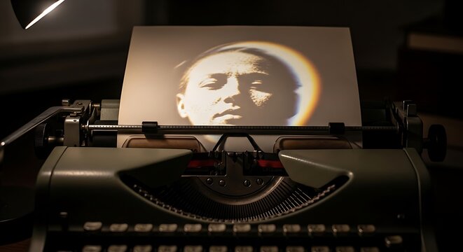 Vintage typewriter with a of a man illuminated