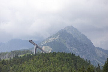 Alpenberg mit dichtem Nadelwald und Skisprungschanze im Nebel © tamaslaza3