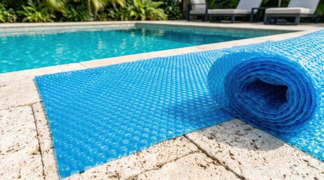 Blue solar pool cover rolled up on stone patio by outdoor backyard swimming pool heating blanket for water temperature conservation season maintenance