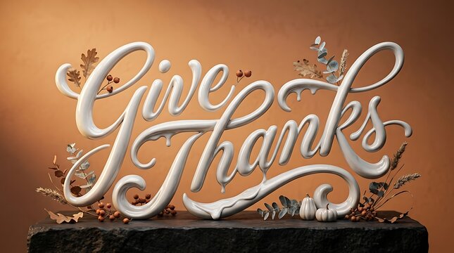Elegant give thanks lettering sign displayed on a dark table against a warm brown background wall