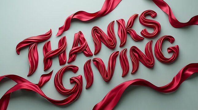 Elegant thanksgiving lettering made of glossy red ribbons on a soft light grey background surface