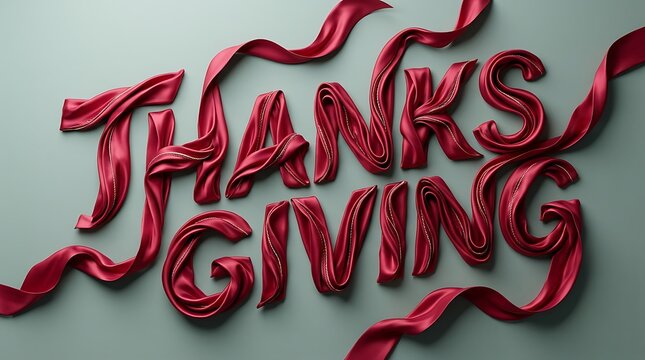 Elegant thanksgiving text made of red satin ribbon isolated on a soft light grey background