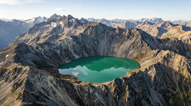 Breathtaking aerial view of a vibrant turquoise alpine lake nestled high within majestic rugged mountain peaks under a clear sunny daytime sky