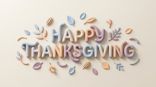 Happy thanksgiving text surrounded by decorative autumn leaves on a soft beige background for holiday greeting