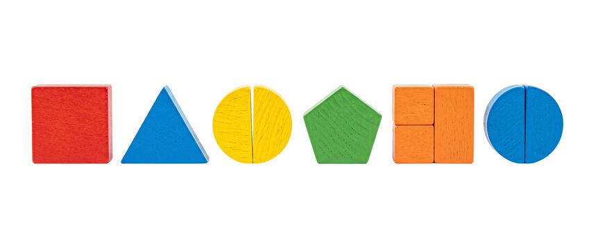Colorful wooden geometric shape blocks lined up on black background for child education learning game, featuring red square blue triangle yellow circle green pentagon orange rectangle toy objects.