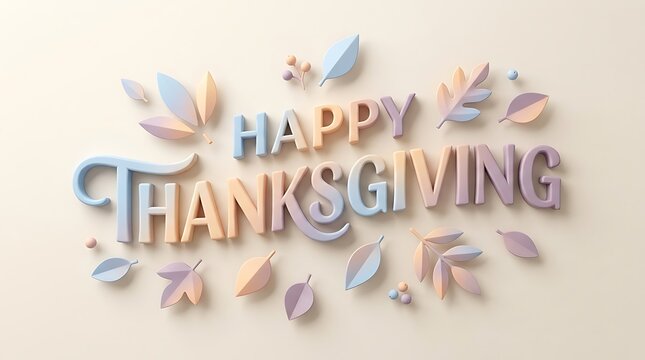Happy thanksgiving text written in 3d letters decorated with pastel autumn leaves on beige background