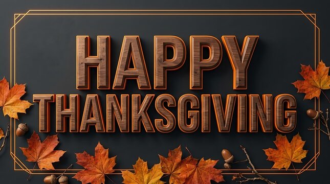 Elegant happy thanksgiving greeting card featuring metallic 3d typography surrounded by colorful autumn maple leaves background