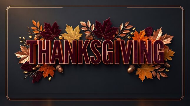 Elegant thanksgiving typography design featuring vibrant autumn leaves and acorns on a dark textured background