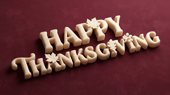 Happy thanksgiving text made of white chocolate letters isolated on a dark red background surface