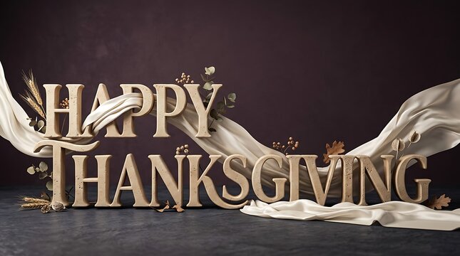 Elegant gold happy thanksgiving text with flowing white fabric ribbons on a dark moody background