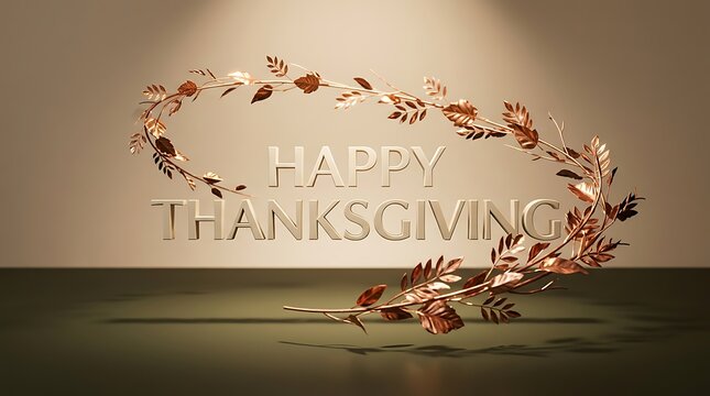 Elegant thanksgiving greeting card with gold metallic text and autumn leaves on a dark background