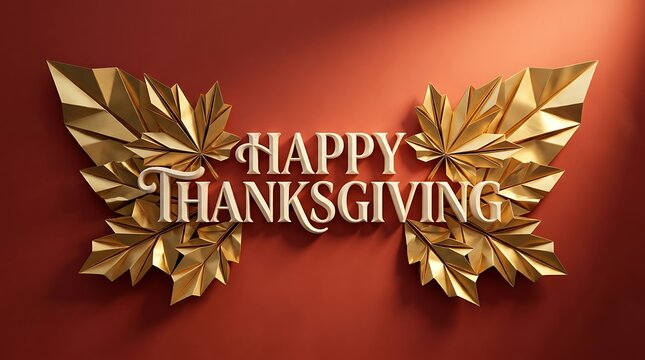 Elegant happy thanksgiving greeting card with metallic gold autumn leaves on a deep red background