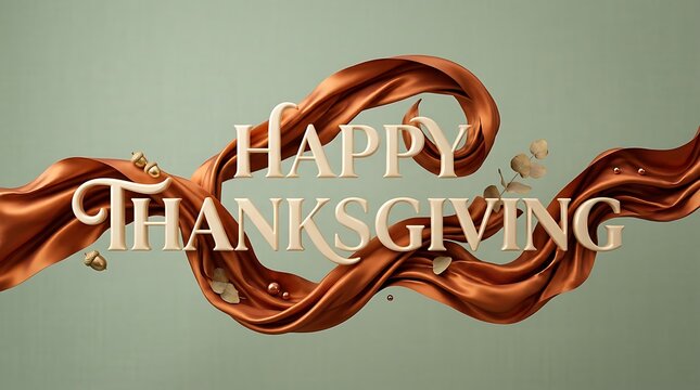 Happy thanksgiving text overlay with elegant flowing liquid chocolate ribbons on a solid green background