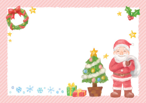 Cute watercolor Christmas frame background with pink stripe border and Santa Claus