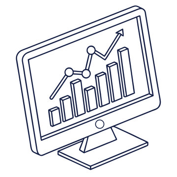 An isometric line art icon of a computer monitor with shown isometric view bar chart screen line graph presentation information performance with infographic