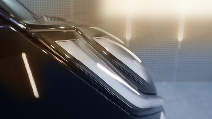 Futuristic LED Headlight Close-up on New Car Model © nana