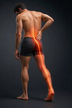 Glowing sciatic nerve pain pathway on male figure