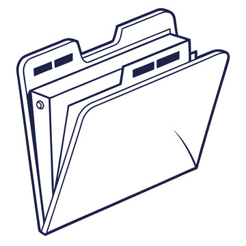 A simple black and white line art illustration of an open office folder with documents inside
