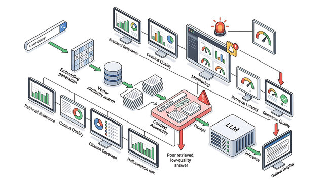 LLM observability architecture showing application requests, prompt traces, model inference, token consumption, latency metrics, error detection, evaluation scores, and monitoring alerts