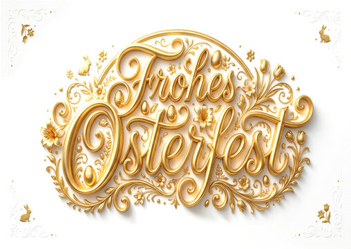 Postkartenmotiv Frohes Osterfest goldene verzierte Schrift verschn&ouml;rkselt - Ecksymbole