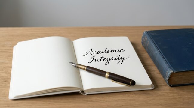 Academic integrity concept written on open notebook page with fountain pen and textbook on wooden desk study ethics honesty learning values school