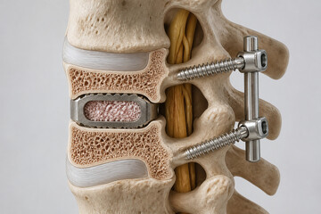 Lumbar spinal fusion with interbody cage cutaway