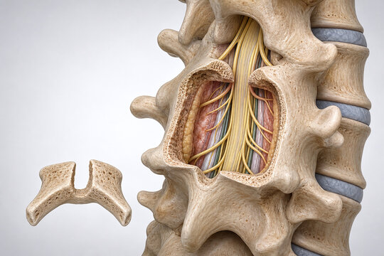 Lumbar laminectomy cutaway showing spinal canal decompression